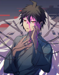Rule 34 | 1boy, ahoge, alternate costume, bandaged neck, bandages, blood, brown eyes, brown hair, cable, commentary request, danganronpa (series), danganronpa 3 (anime), hair between eyes, hand on own cheek, hand on own face, highres, hinata hajime, hospital gown, kamukura izuru, long sleeves, male focus, messy hair, open mouth, pink blood, short hair, solo, spoilers, tagme, upper body, ziling