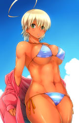 Rule 34 | 10s, 1girl, abs, ahoge, bare shoulders, bikini, blonde hair, blush, breasts, cameltoe, cleavage, cloud, covered erect nipples, dark-skinned female, dark skin, day, eye contact, fingernails, green eyes, highres, hip focus, hobby (kento), huge ahoge, large breasts, lips, looking at another, looking at viewer, mito ikumi, muscular, navel, original, parted lips, puffy nipples, shiny skin, shokugeki no souma, short hair, side-tie bikini bottom, skindentation, sky, solo, striped bikini, striped clothes, swimsuit, thick lips, thick thighs, thighs, toned
