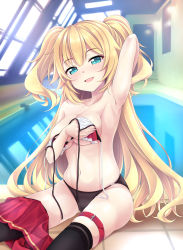 Rule 34 | 1girl, :d, akai haato, akai haato (hololive summer 2019), arm up, armpits, bikini, bikini bottom only, bikini skirt, black thighhighs, blonde hair, blue eyes, breasts, covering privates, covering breasts, flo (guilty hearts), highres, hololive, leg strap, nail polish, navel, open mouth, pool, rei no pool, sitting, skindentation, skirt, skirt around one leg, smile, solo, string bikini, swimsuit, thigh strap, thighhighs, two side up, untied bikini, virtual youtuber