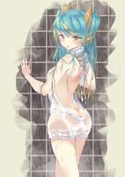 Rule 34 | 1girl, aqua hair, ass, back, brown eyes, carillus, dress, from behind, highres, long hair, looking at viewer, meme attire, original, see-through, solo, sweater, sweater dress, two side up, virgin killer sweater, wet, wet clothes