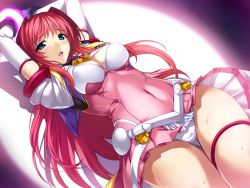 Rule 34 | 1girl, :o, arms up, bdsm, beat angel escalayer, blush, bound, bound arms, breasts, cleavage, covered erect nipples, covered navel, elbow gloves, escalayer, game cg, gloves, green eyes, kouenji sayuka, long hair, non-web source, official art, onigirikun, panties, pink hair, skirt, solo, sweat, thigh strap, underwear, white gloves, white panties