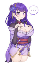 Rule 34 | ..., 1girl, absurdres, breasts, cleavage, cobe, commentary request, cropped legs, flower, genshin impact, hair flower, hair ornament, highres, japanese clothes, kimono, large breasts, long hair, looking at viewer, mole, mole under eye, obi, off shoulder, purple eyes, purple flower, purple hair, purple kimono, raiden shogun, red sash, sash, short kimono, simple background, solo, spoken ellipsis, standing, thighs, white background
