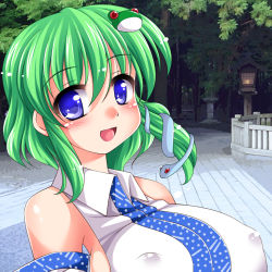Rule 34 | 1girl, bare shoulders, blouse, blue eyes, blush, breasts, covered erect nipples, detached sleeves, forest, frog hair ornament, green hair, hair ornament, hair tubes, huge breasts, kochiya sanae, lantern, looking at viewer, nature, open mouth, sagano mito, shirt, short hair, shrine, smile, snake hair ornament, solo, touhou, tree, upper body