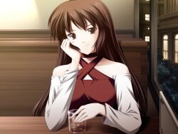 Rule 34 | 1girl, akasen gairo ~shouwa 33 nen no hatsuyuki~, booth seating, brown hair, cup, dress, drink, game cg, hand on own cheek, hand on own face, holding, holding cup, indoors, kisugi chihiro, long hair, looking at viewer, pov, pov across table, red dress, red eyes, ryoumoto ken, sitting, smile, solo, table