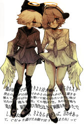 2girls angel_wings animal_hat blonde_hair brown_hair cat_hat commentary_request facial_mark full_body genderswap genderswap_(mtf) hair_over_one_eye halo hat highres looking_at_viewer multiple_girls nehan_pero nyen_(randal&#039;s_friends) nyon_(randal&#039;s_friends) randal&#039;s_friends school_uniform serafuku short_hair simple_background single_wing skirt traditional_halo translation_request whisker_markings white_background wings