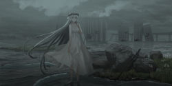 Rule 34 | 1girl, bare arms, bare shoulders, black hair, blue eyes, breasts, bridge, building, chihuri, closed mouth, commentary request, dress, floating hair, grey hair, hair between eyes, highres, long hair, looking at viewer, multicolored hair, original, outdoors, overcast, ruins, sky, sleeveless, sleeveless dress, small breasts, solo, standing, two-tone hair, very long hair, wading, water, white dress