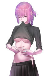 Rule 34 | 1girl, blood, blush, breasts, clothes in mouth, fate/grand order, fate (series), florence nightingale (fate), highres, injury, large breasts, long hair, long sleeves, midriff, mouth hold, navel, needle, nipi27, pink hair, pleated skirt, red eyes, ribbon, scar, simple background, skirt, solo, stitches, tissue, underboob, white background