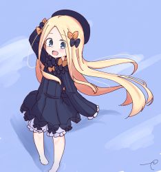 Rule 34 | 1girl, :d, abigail williams (fate), arm up, barefoot, black bow, black dress, black hat, blonde hair, bloomers, blue eyes, blush, bow, bug, butterfly, commentary request, dress, fate/grand order, fate (series), forehead, hair bow, hat, highres, insect, kujou karasuma, long hair, long sleeves, open mouth, orange bow, parted bangs, polka dot, polka dot bow, ripples, signature, sleeves past fingers, sleeves past wrists, smile, solo, standing, underwear, very long hair, white bloomers