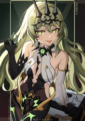 Rule 34 | 1girl, absurdres, artist name, bare shoulders, black dress, black gloves, breasts, character name, claw ring, cleavage, closed mouth, crown, cruzvu, dress, elbow gloves, gloves, green eyes, green hair, highres, honkai (series), honkai impact 3rd, long hair, looking at viewer, mobius (honkai impact), single elbow glove, single sleeve, sleeveless, sleeveless dress, solo, tongue, tongue out, wavy hair, white sleeves