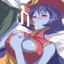 Rule 34 | 1girl, akira (coffee curry), bar censor, blue skin, blush, grabbing another&#039;s breast, breast hold, breasts, capcom, censored, cleavage cutout, clothing cutout, colored skin, cum, cum in mouth, fellatio, flipped hair, grabbing, large breasts, lei lei, oral, penis, pointless censoring, purple hair, grabbing own breast, solo focus, vampire (game)