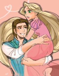 Rule 34 | 1boy, 1girl, :o, absurdly long hair, ano (sbee), artist name, barefoot, blonde hair, carrying, couple, disney, dress, eyelashes, feet, flynn rider, green eyes, heart, hetero, long hair, long sleeves, looking at another, looking away, open mouth, pink background, pink dress, rapunzel (disney), shirt, simple background, very long hair, waistcoat, white shirt