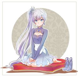 Rule 34 | 1girl, blue eyes, breasts, check commentary, cleavage, cleavage cutout, clothing cutout, commentary request, cushion, full body, iesupa, knees together feet apart, long hair, looking at viewer, own hands together, ponytail, rwby, scar, scar across eye, scar on face, shoes, unworn shoes, sitting, solo, very long hair, weiss schnee, white hair