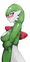 Rule 34 | 1girl, absurdres, arm at side, blush, bob cut, breasts, closed mouth, colored skin, creatures (company), embarrassed, female focus, from side, game freak, gardevoir, gen 3 pokemon, green hair, green skin, half-closed eyes, hand up, highres, holding own arm, large breasts, looking at viewer, multicolored skin, my700, nintendo, nose blush, pokemon, pokemon (creature), profile, red eyes, shiny skin, short hair, simple background, sketch, solo, standing, two-tone skin, upper body, wavy mouth, white background, white skin