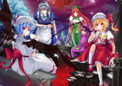 Rule 34 | 5girls, absurdres, apron, bat wings, blonde hair, book, bowing, braid, breasts, bridal gauntlets, cleavage, cleavage cutout, clothing cutout, corset, crossed arms, cup, flandre scarlet, flat chest, full moon, hat, highres, hong meiling, izayoi sakuya, large breasts, long hair, maid, maid apron, maid headdress, medium breasts, moon, multiple girls, nail polish, open book, patchouli knowledge, puffy short sleeves, puffy sleeves, purple eyes, purple hair, rayxray, red eyes, red hair, red moon, remilia scarlet, short hair, short sleeves, side ponytail, silver hair, slit pupils, smile, socks, star (symbol), teacup, embodiment of scarlet devil, thighhighs, touhou, twin braids, waist apron, wings, wrist cuffs