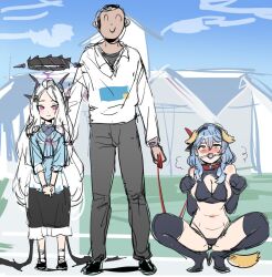 Rule 34 | 1boy, 2girls, ^ ^, ako (blue archive), alternate costume, animal ears, doodle sensei (blue archive), ball gag, bikini, black bikini, black footwear, black pants, black thighhighs, blue archive, blue hair, blush, bow (bhp), breasts, cleavage, closed eyes, cloud, collar, day, dog ears, dog tail, gag, gagged, hairband, halo, hina (blue archive), holding, holding leash, horns, large breasts, leash, long hair, multiple girls, nose blush, outdoors, pants, pet play, purple eyes, rolling eyes, sensei (blue archive), sketch, skirt, sky, smile, squatting, standing, swimsuit, tail, thighhighs, very long hair, white hair