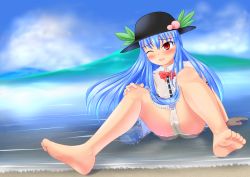 Rule 34 | 1girl, akizuki (akizuki71), arm support, barefoot, beach, black headwear, blue hair, blue skirt, blush, bow, bowtie, breasts, cloud, food, fruit, hand on own knee, hat, highres, hinanawi tenshi, leaf, long hair, mountain, necktie, ocean, one eye closed, open mouth, panties, partially submerged, peach, pee stain, peeing, peeing self, poorly drawn, red eyes, red neckwear, sand, shirt, short sleeves, sitting, skirt, sky, small breasts, smile, stained panties, touhou, underwear, water, wet, wet clothes, wet panties, white panties, white shirt