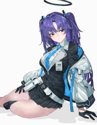 Rule 34 | 1girl, absurdres, arm support, belt, black gloves, black jacket, black skirt, black socks, blue archive, blue necktie, breasts, closed mouth, coat, collared shirt, expressionless, gloves, halo, highres, id card, jacket, kazukingu, long hair, long sleeves, looking at viewer, medium breasts, miniskirt, necktie, no shoes, off shoulder, open clothes, open coat, parted bangs, pouch, purple eyes, purple hair, shirt, sitting, skirt, socks, solo, white coat, white shirt, yokozuwari, yuuka (blue archive)