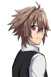 Rule 34 | 1boy, ahoge, bad id, bad twitter id, blouse, brown hair, fate/apocrypha, fate (series), hair between eyes, male focus, nyorotono, red eyes, shirt, sieg (fate), simple background, smile, solo, type-moon, white background, white shirt