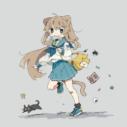 !? +_+ 156m 1girl :3 ahoge animal_ears bag bandaid bandaid_on_knee bandaid_on_leg black_cat black_socks blue_footwear blue_neckerchief blue_sailor_collar blue_skirt brown_hair candy_wrapper cat commentary_request crop_top fish food food_in_mouth full_body green_eyes grey_background hair_ornament hairclip handheld_game_console highres letter long_hair long_sleeves mouth_hold neckerchief nintendo_ds_lite onigiri original pill pleated_skirt sailor_collar school_uniform serafuku shirt shoes shoulder_bag simple_background skirt sneakers socks solo standing standing_on_one_leg tail white_shirt yellow_bag