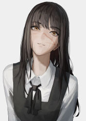Rule 34 | 1girl, absurdres, ao desu2222, black hair, blue background, brown eyes, chainsaw man, grin, highres, long hair, looking at viewer, scar, scar on face, school uniform, simple background, smile, solo, yoru (chainsaw man)