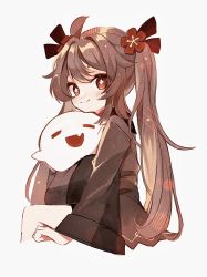 Rule 34 | 1girl, :3, :d, aged down, ahoge, black ribbon, black shorts, blush, brown hair, brown jacket, commentary, fang, flower, flower-shaped pupils, genshin impact, ghost, hair flower, hair ornament, hair ribbon, highres, hu tao (genshin impact), jacket, long hair, long sleeves, looking at viewer, new gnsn, open mouth, red eyes, red flower, ribbon, shorts, sidelocks, smile, solo, symbol-shaped pupils, twintails, upper body, very long hair
