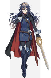 Rule 34 | 1girl, armor, armored boots, belt, belt buckle, black cape, black gloves, black sweater, blue eyes, blue hair, boots, breastplate, buckle, cape, commentary request, falchion (fire emblem), fingerless gloves, fire emblem, fire emblem awakening, floating hair, full body, gloves, hair between eyes, highres, holding, holding sword, holding weapon, long hair, looking at viewer, lucina (fire emblem), multicolored cape, multicolored clothes, nintendo, parted lips, red cape, ribbed sweater, ryon (ryonhei), simple background, solo, sweater, sword, symbol-shaped pupils, tiara, turtleneck, turtleneck sweater, weapon