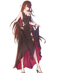 Rule 34 | 14heaki, 1girl, beidou (genshin impact), black dress, brown hair, collarbone, dress, genshin impact, highres, red dress, red eyes, simple background, solo, strappy heels, two-sided dress, two-sided fabric, white background