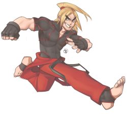 Rule 34 | 1boy, black gloves, blonde hair, capcom, conto, dougi, eyebrows, gloves, ken masters, male focus, muscular, ponytail, solo, street fighter, street fighter v, thick eyebrows, toeless legwear, toes, toned