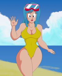 Rule 34 | 1girl, absurdres, artist request, bare shoulders, beach, blue eyes, blue hair, blue sky, breasts, cleavage, curvy, derivative work, diving mask, diving mask on head, dragon ball, dragonball z, goggles, goggles on head, highleg, highleg swimsuit, highres, long hair, looking at viewer, maron (dragon ball), maron redraw challenge (meme), meme, meme attire, one-piece swimsuit, salute, screenshot redraw, sky, smile, swimsuit, water, wide hips, yellow one-piece swimsuit