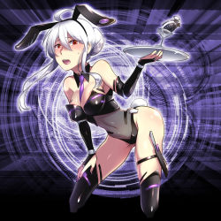Rule 34 | 1girl, ahoge, animal ears, blush, caffein, cocktail glass, cowboy shot, cup, drinking glass, explosive, fake animal ears, grenade, highres, leotard, long hair, looking at viewer, necktie, open mouth, plate, playboy bunny, ponytail, rabbit ears, rabbit girl, red eyes, see-through, silver hair, solo, vocaloid, yowane haku