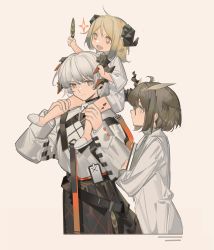 Rule 34 | 3girls, absurdres, aged down, arknights, black skirt, blonde hair, carrying, dress, feathers, from side, grey background, grey hair, highres, holding, holding feather, horns, ifrit (arknights), lofter, long sleeves, multiple girls, open mouth, orange eyes, profile, rin lingsong, saria (arknights), shirt, short hair, shoulder carry, silence (arknights), simple background, skirt, slippers, smile, sparkle, tail, white dress, white shirt, wide sleeves