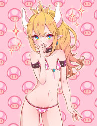 Rule 34 | 1girl, :d, aged down, armlet, bare shoulders, bikini, black collar, blonde hair, blue eyes, blush, bowsette, collar, collarbone, commentary request, cowboy shot, crown, earrings, fang, fingernails, high ponytail, highres, horns, jewelry, long hair, looking at viewer, mario (series), mini crown, mushroom, nail polish, navel, new super mario bros. u deluxe, nintendo, open mouth, pink background, pink bikini, pointy ears, polka dot, polka dot bikini, ponytail, red nails, sidelocks, smile, solo, sparkle, spiked armlet, spiked collar, spikes, super crown, swimsuit, very long hair, xenxen