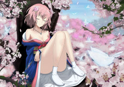 Rule 34 | 1girl, bad id, bad pixiv id, bare shoulders, breasts, bug, butterfly, cherry blossoms, cleavage, closed eyes, female focus, flower, hair flower, hair ornament, highres, bug, japanese clothes, jewelry, kimono, leo thasario, necklace, obi, off shoulder, petals, pink hair, saigyouji yuyuko, sash, short hair, sleeping, solo, tabi, touhou, tree