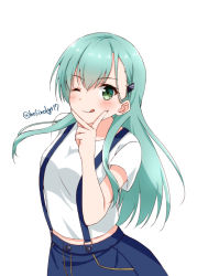 Rule 34 | 1girl, alternate costume, aqua hair, bad id, bad pixiv id, blue skirt, breasts, buttons, green eyes, grin, hair ornament, hairclip, hoshino kagari, kantai collection, long hair, looking at viewer, medium breasts, midriff, one eye closed, shirt, short sleeves, simple background, skirt, smile, solo, suspenders, suzuya (kancolle), tongue, tongue out, twitter username, upper body, white background, white shirt