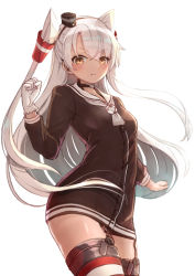 Rule 34 | amatsukaze (kancolle), brown dress, brown eyes, choker, closed mouth, commentary request, deku suke, dress, garter straps, gloves, hair tubes, hat, kantai collection, long hair, looking at viewer, mini hat, neckerchief, red thighhighs, sailor dress, short dress, silver hair, single glove, smokestack, smokestack hair ornament, solo, striped clothes, striped thighhighs, thighhighs, two side up, white background, white gloves, white neckerchief