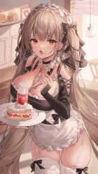 Rule 34 | 1girl, :o, azur lane, between breasts, black bow, black choker, black ribbon, black shirt, blush, bottle, bow, breasts, bridal gauntlets, brown hair, cake, cake slice, choker, cleavage, cowboy shot, detached collar, food, food on face, fork, formidable (azur lane), garter straps, hair between eyes, hair ribbon, hanging light, highres, holding, holding fork, holding plate, indoors, large breasts, long hair, long sleeves, looking at viewer, lujang (fudge), manjuu (azur lane), plant, plate, potted plant, red eyes, ribbon, shirt, solo, standing, strawberry shortcake, thighhighs, twintails, very long hair, white thighhighs