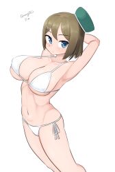 Rule 34 | 1girl, absurdres, arms behind head, beret, bikini, blue eyes, breasts, breasts day, brown hair, feet out of frame, good breasts day, green hat, hair ornament, hat, highres, kantai collection, large breasts, looking at viewer, maru (marg0613), maya (kancolle), mini hat, one-hour drawing challenge, short hair, side-tie bikini bottom, simple background, solo, swimsuit, white background, white bikini, x hair ornament