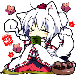 Rule 34 | 1girl, :3, ahoge, animal ears, autumn leaves, bare shoulders, character name, chibi, closed eyes, detached sleeves, hat, hikanyan, inubashiri momiji, leaf, lowres, pom pom (clothes), short hair, silver hair, simple background, sitting, smile, solo, tail, tokin hat, touhou, white background, wolf ears, wolf tail