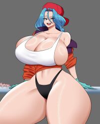 Rule 34 | 1girl, black panties, blue eyes, blue hair, breasts, bulma, bulma (future), clothes, dragon ball, dragon ball heroes, female focus, grey background, hat, highleg, highleg panties, huge breasts, long hair, nyabeyo, open mouth, panties, simple background, smile, solo, solo focus, thong, underwear, wide hips
