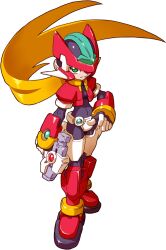 Rule 34 | 1girl, absurdres, aile (mega man zx), archived source, armor, black bodysuit, blonde hair, bodysuit, boots, cropped jacket, crotch plate, energy gun, forehead jewel, green eyes, gun, helmet, highres, holding, holding gun, holding weapon, jacket, long hair, makoto yabe, mega man (series), mega man zx, model zx (mega man), official art, power armor, red armor, red footwear, red helmet, red jacket, simple background, solo, weapon, white background