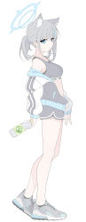 Rule 34 | 1girl, absurdres, alternate costume, animal ear fluff, animal ears, arms at sides, blue archive, blue eyes, bottle, breasts, closed mouth, cross hair ornament, earrings, extra ears, from side, full body, grey footwear, grey hair, hair ornament, halo, heel up, highres, holding, holding bottle, jacket, jewelry, long sleeves, looking at viewer, looking to the side, low ponytail, masabodo, medium hair, midriff, mismatched pupils, nike (company), off shoulder, shiroko (blue archive), shoes, short shorts, shorts, simple background, small breasts, sneakers, solo, sports bra, standing, stud earrings, white background