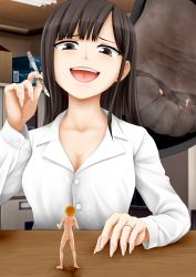 Rule 34 | absurdres, black eyes, black hair, blonde hair, blouse, breasts, cg17, cleavage, desk, feet, giant, giantess, happy, highres, inshoe, inside shoes, insole, jewelry, looking down, nails, open mouth, pinned, ring, scalpel, shirt, size difference, smile, soles, thighhighs, tiny person, toe scrunch, toes, trapped, white shirt