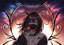 Rule 34 | 1girl, absurdres, ahoge, black jacket, black mask, brown hair, commentary request, dynr-cloly, floating hair, green eyes, hair between eyes, hair ornament, hairclip, highres, hizuki yui, hood, hoodie, jacket, long hair, looking at viewer, mask, mouth mask, neo-porte, open clothes, open jacket, sky, solo, sparkle hair ornament, star (sky), starry sky, upper body, virtual youtuber, white hoodie