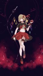 Rule 34 | 1girl, absurdres, apple, ascot, black background, black socks, blonde hair, closed mouth, commentary, crop top, crystal, flandre scarlet, food, fruit, full body, hair ribbon, highres, holding, holding food, holding fruit, laevatein (touhou), looking at viewer, medium hair, navel, one side up, pointy ears, red apple, red eyes, red footwear, red ribbon, red skirt, ribbon, rito31illust, short sleeves, skirt, socks, solo, thigh strap, touhou, wings, wrist cuffs, yellow ascot