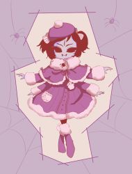 Rule 34 | 1girl, boots, coat, colored skin, extra arms, extra eyes, fangs, hat, arthropod girl, monster girl, muffet, purple skin, solo, spider girl, twintails, undertale