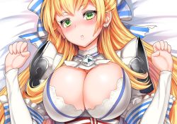 Rule 34 | 1girl, armor, blonde hair, blush, breasts, cendrillion (wonderland wars), cleavage, earrings, female focus, gradient background, green eyes, hair ribbon, jewelry, large breasts, long hair, looking at viewer, lying, miyamoto issa, on back, parted lips, ribbon, shoulder armor, solo, wonderland wars