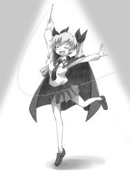Rule 34 | 1girl, :d, anchovy (girls und panzer), anzio school uniform, arms up, blush, cape, closed eyes, commentary, dancing, dress shirt, drill hair, girls und panzer, gofu, graphite (medium), greyscale, hair ribbon, holding, leg up, light blush, loafers, long hair, long sleeves, miniskirt, monochrome, motion lines, necktie, open mouth, pantyhose, pleated skirt, ribbon, riding crop, school uniform, shirt, shoes, skirt, smile, solo, standing, standing on one leg, traditional media, twin drills, twintails