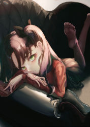Rule 34 | 1girl, absurdres, archer class (fate), black ribbon, black skirt, brown pantyhose, camellia (s kamellia), card, command spell, couch, crossed arms, eyebrows hidden by hair, fate/stay night, fate (series), feet up, green eyes, highres, holding, holding card, indoors, legs up, long hair, looking at viewer, lying, on couch, on stomach, pantyhose, pleated skirt, red sweater, ribbon, skirt, soles, solo, sweater, tohsaka rin, twintails, two side up