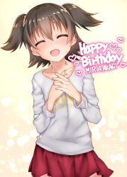 Rule 34 | 1girl, :d, ^ ^, akagi miria, blush, brown hair, character name, closed eyes, commentary request, cowboy shot, english text, closed eyes, facing viewer, hair between eyes, happy, happy birthday, heart, highres, idolmaster, idolmaster cinderella girls, okina ika, open mouth, own hands together, red skirt, shirt, short hair, skirt, smile, solo, two side up, white shirt