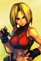 Rule 34 | 1girl, bare shoulders, black gloves, blonde hair, blue eyes, blue mary, breasts, commentary request, fighting stance, fingerless gloves, gloves, hungry clicker, large breasts, light smile, looking at viewer, midriff, navel, parted bangs, snk, solo, the king of fighters, upper body, yellow background